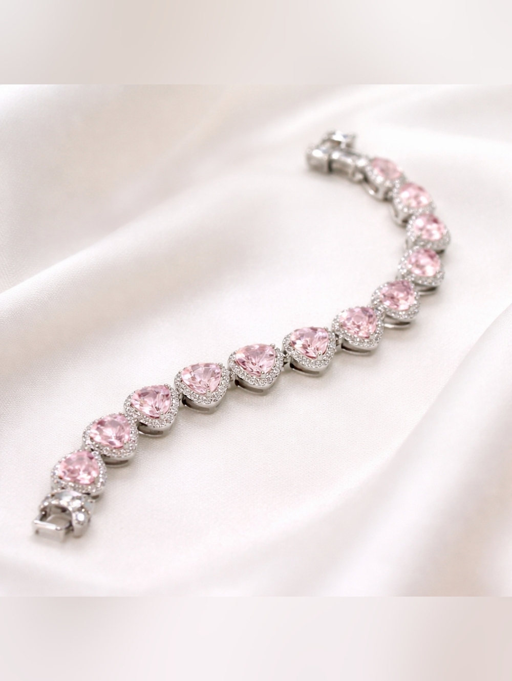 Pink Zircon Heart Tennis Bracelet Stainless Steel Sparkle Jewelry